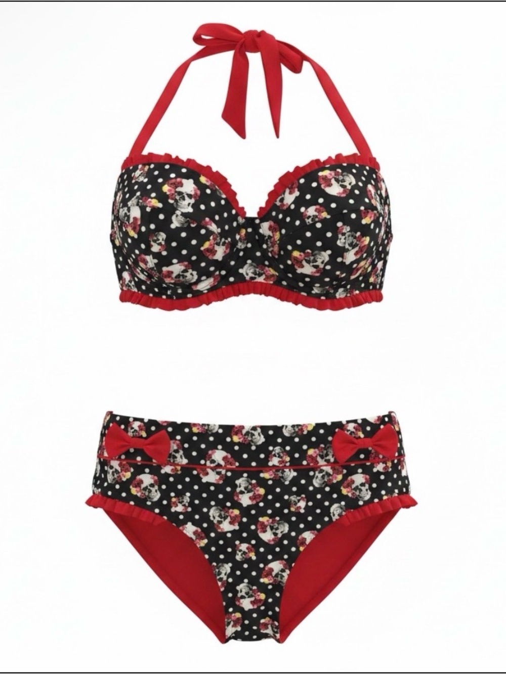 Hot Topic Black and Red Floral Polka Retro High-Waist Bikini Set